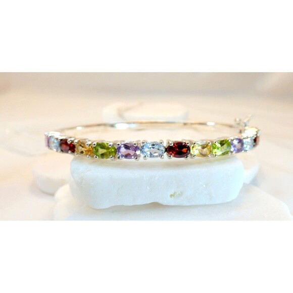 Sterling Silver Multi Gemstone Bangle Bracelet Safety Lock Excellent - Picture 1 of 7